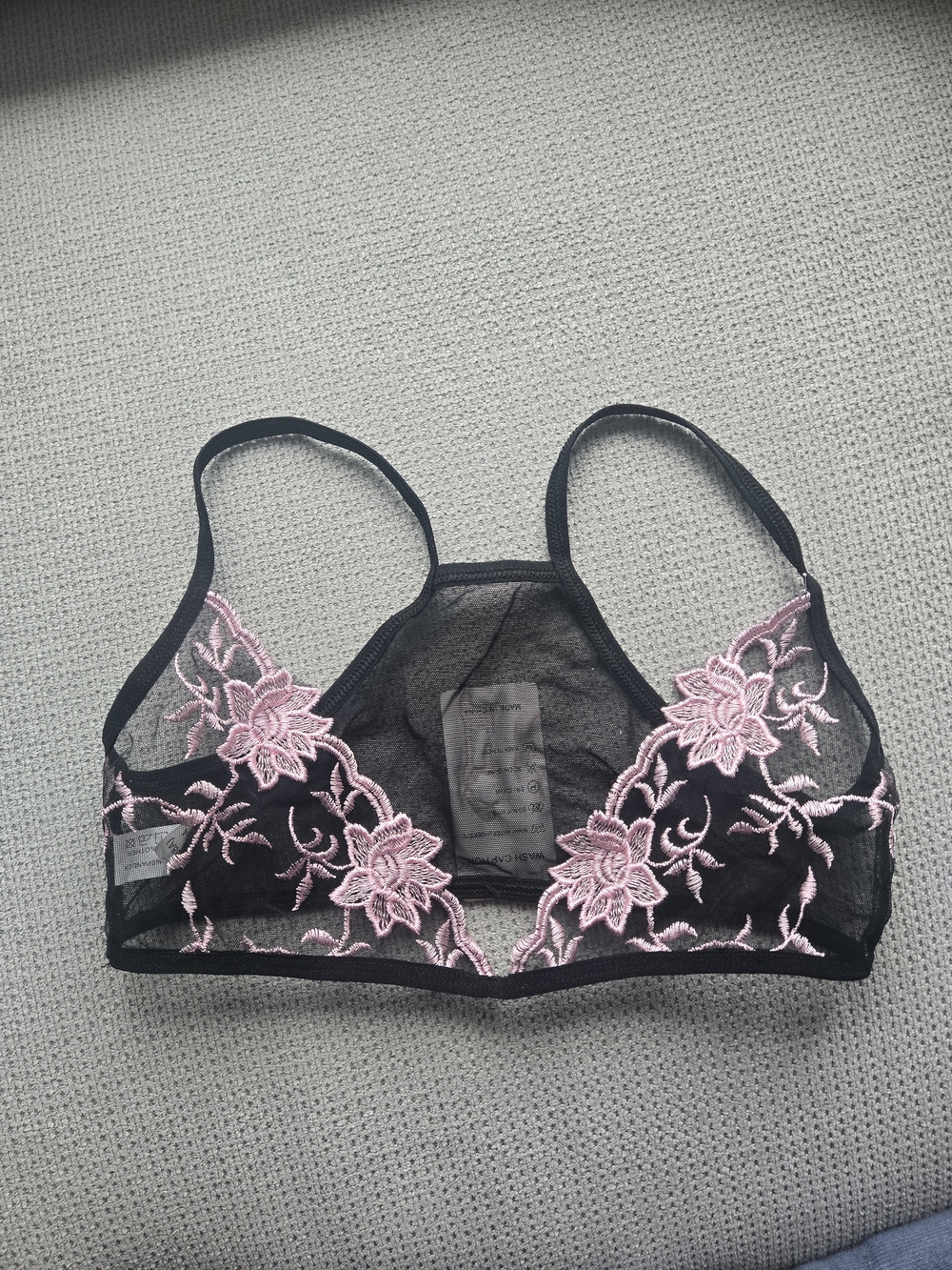 Sheer Black Bralette with Pink Floral Embroidery